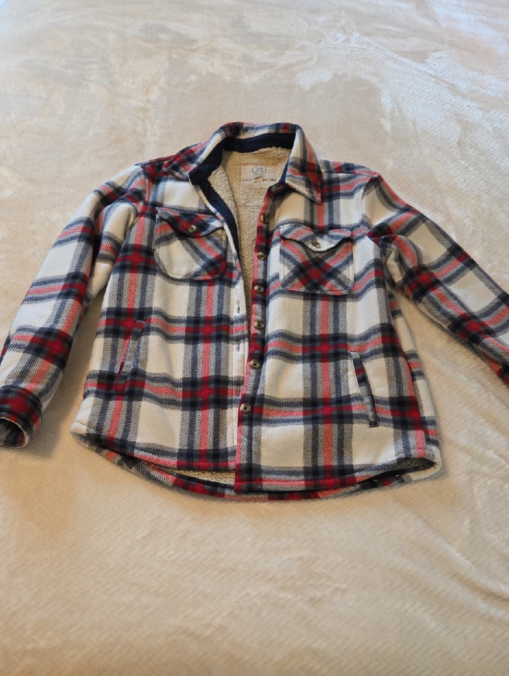 Patriotic Sherpa-Lined Plaid Shirt Jacket - Cream, Red & Navy